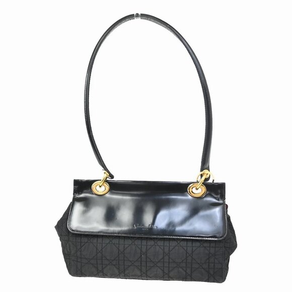 CHRISTIAN DIOR Logo Cannage Shoulder Bag Nylon Leather Black GHW 88FC088 - Picture 1 of 16
